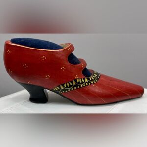 Miniature Ceramic Victorian Style Red Shoe Signed Pin Cushion Unique Figurine